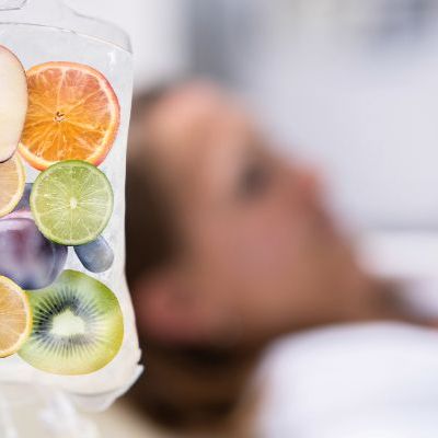 IV vitamin bag for therapy with fruits in it